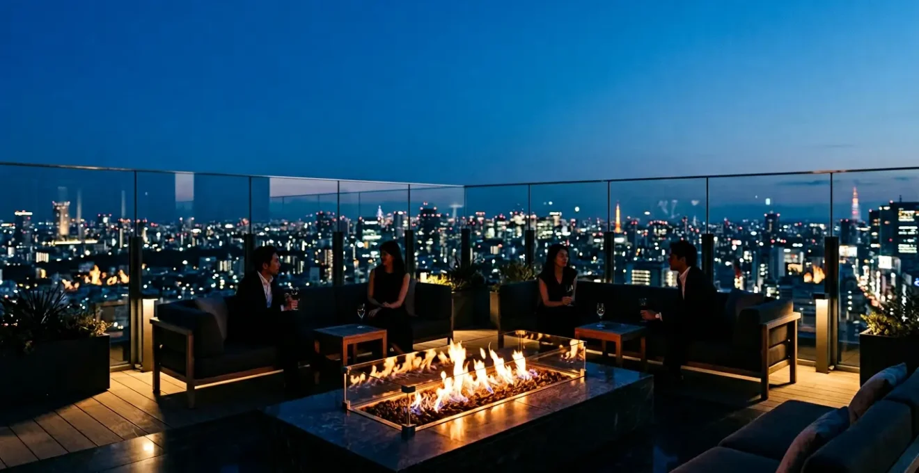 Elegant rooftop lounge setting with fire pit and panoramic city view at twilight