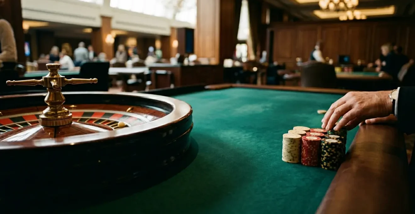 Wide shot of casino roulette table with chips and wheel in natural lighting showing strategic bankroll management atmosphere