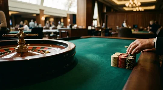 Wide shot of casino roulette table with chips and wheel in natural lighting showing strategic bankroll management atmosphere