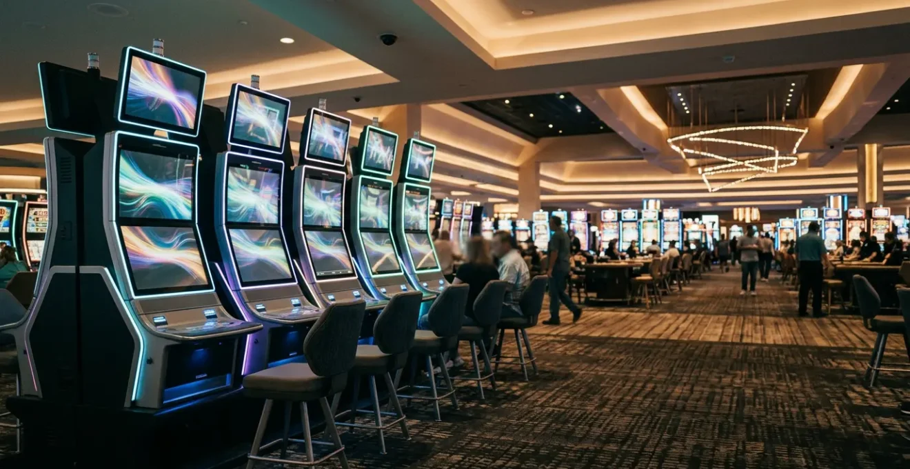 Modern casino gaming floor showcasing skill-based arcade-style machines alongside traditional slots in Las Vegas atmosphere