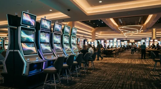 Modern casino gaming floor showcasing skill-based arcade-style machines alongside traditional slots in Las Vegas atmosphere