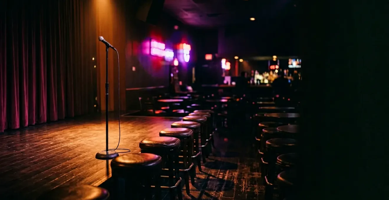 Intimate comedy club stage with warm spotlight and blurred neon lights creating authentic Vegas nightlife atmosphere