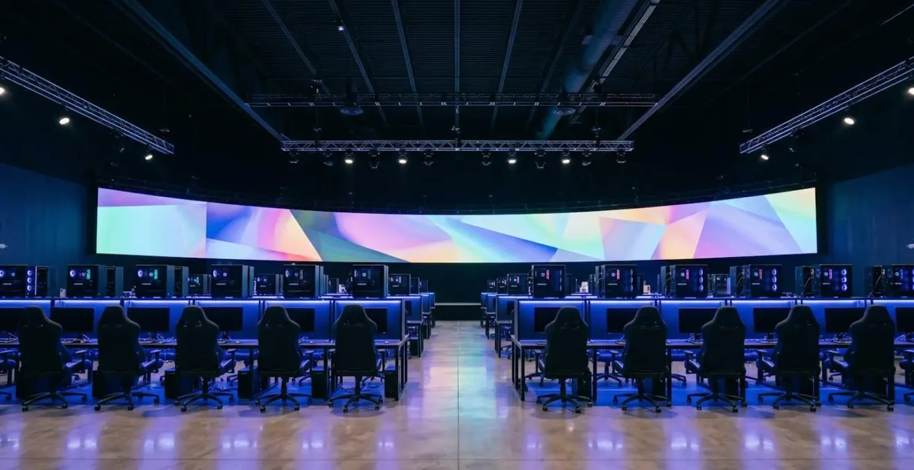 Modern esports arena in Las Vegas with professional gaming setup and vibrant LED lighting