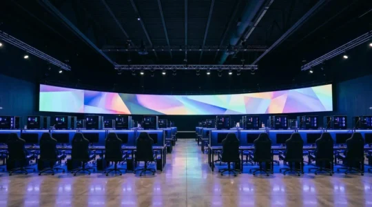 Modern esports arena in Las Vegas with professional gaming setup and vibrant LED lighting