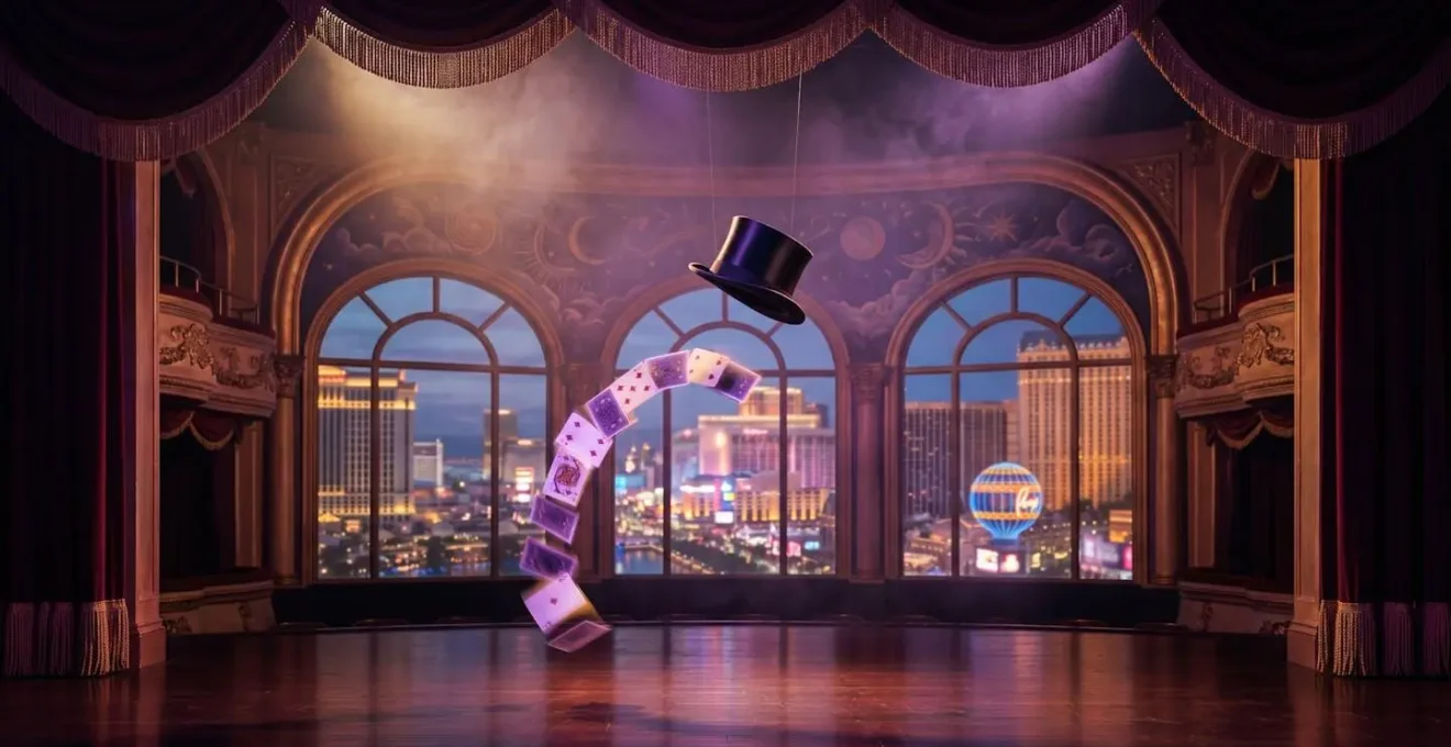 Dramatic stage view of Las Vegas magic theater with dramatic lighting and mystical atmosphere