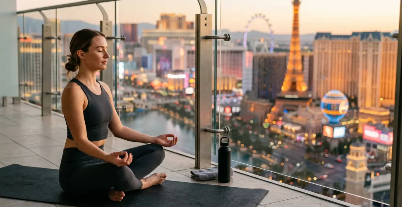 A serene wellness moment in Las Vegas showcasing balance between indulgence and health consciousness
