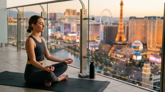 A serene wellness moment in Las Vegas showcasing balance between indulgence and health consciousness