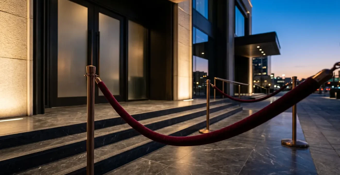 Exclusive nightclub entrance with velvet rope and ambient lighting
