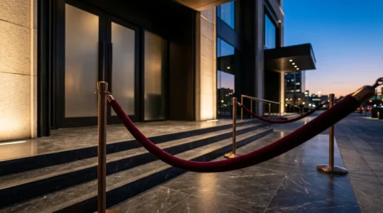 Exclusive nightclub entrance with velvet rope and ambient lighting