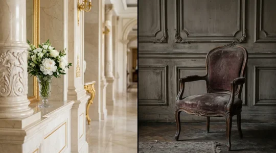 Professional comparison photograph showing the essence of choosing a themed hotel with timeless appeal versus one with dated atmosphere