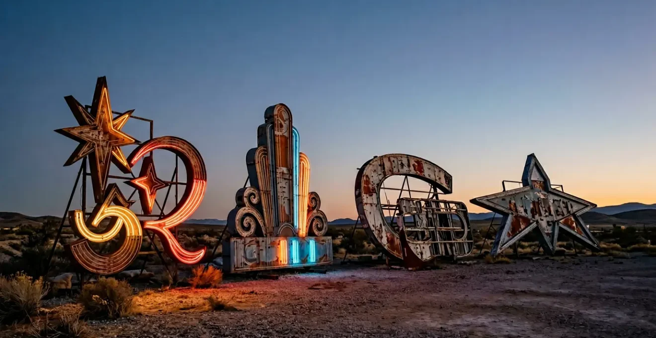 Vintage neon casino signs glowing in twilight at historic Las Vegas boneyard museum