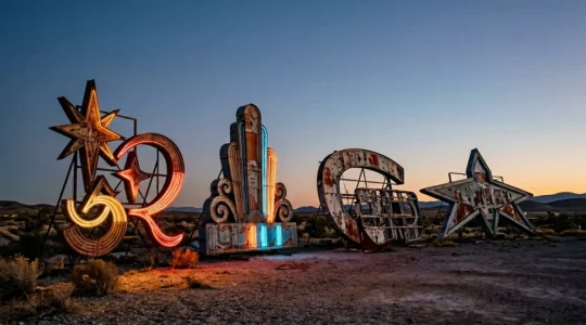 Vintage neon casino signs glowing in twilight at historic Las Vegas boneyard museum