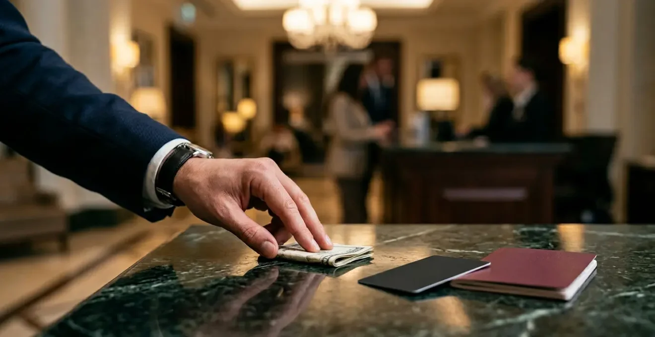 Discreet hand placing folded currency bill on luxury hotel front desk counter with elegant marble surface