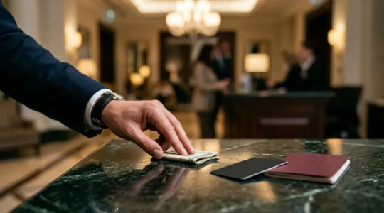 Discreet hand placing folded currency bill on luxury hotel front desk counter with elegant marble surface