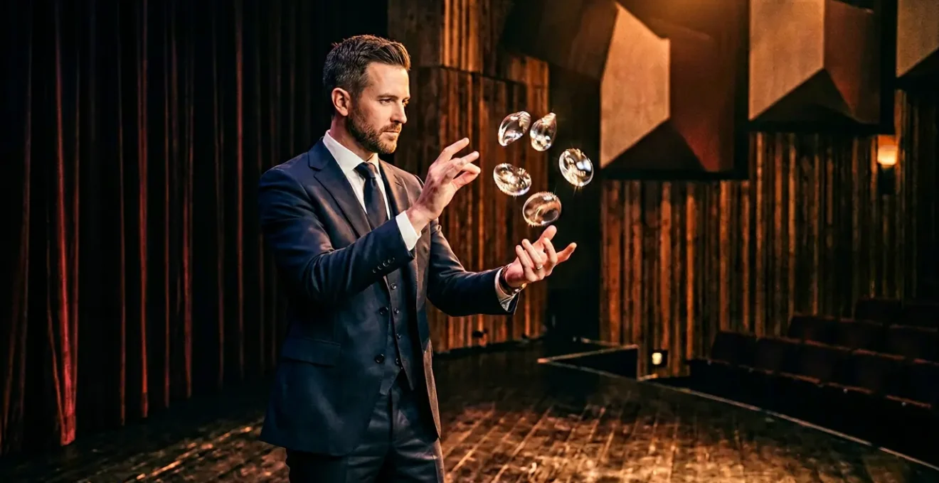 Professional magician performing on sophisticated theater stage with dramatic lighting and minimal props