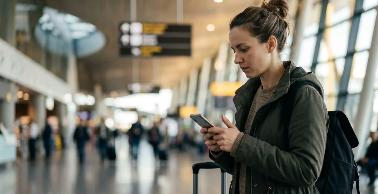 Close-up of traveler checking smartphone for directions while standing in modern airport terminal with directional ceiling indicators visible in background