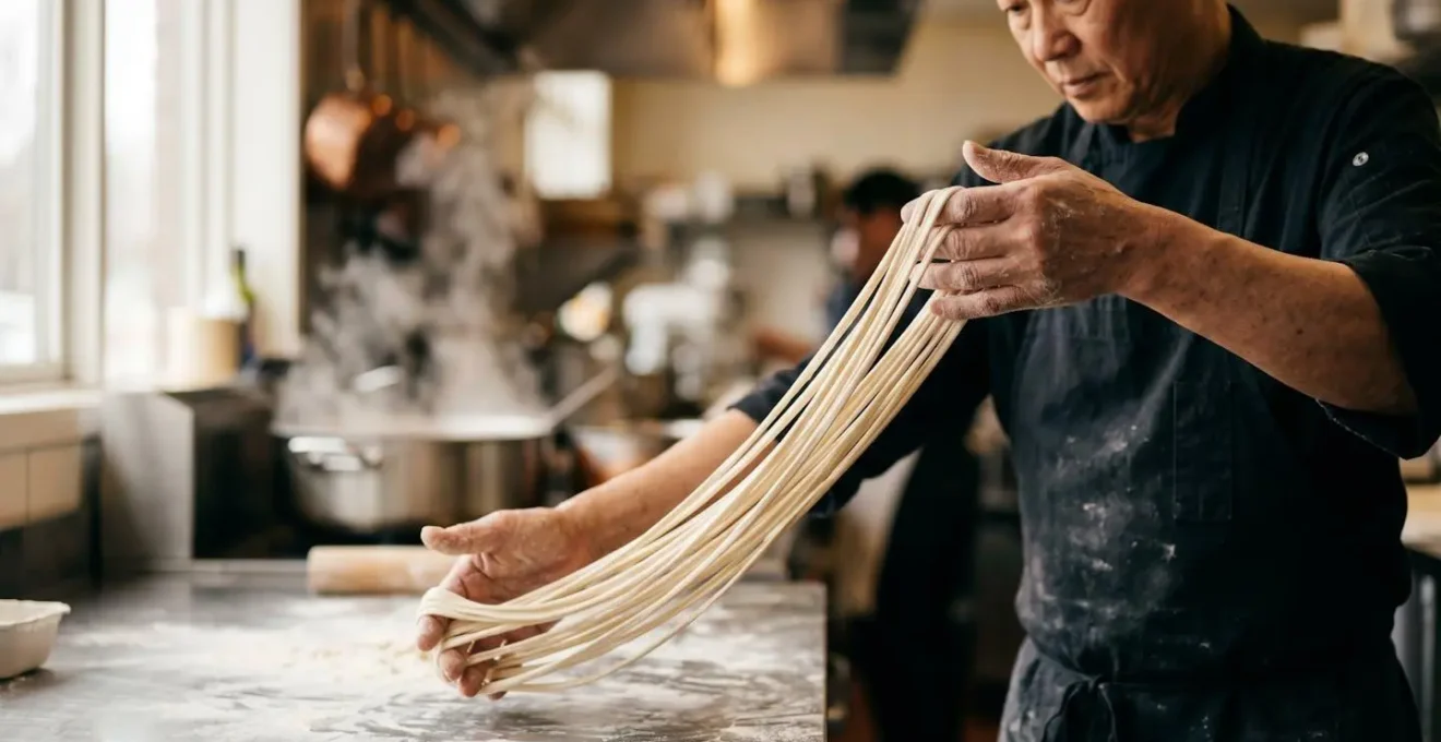 Close-up view of a chef's hands preparing fresh noodles in a traditional Asian restaurant kitchen with steam rising