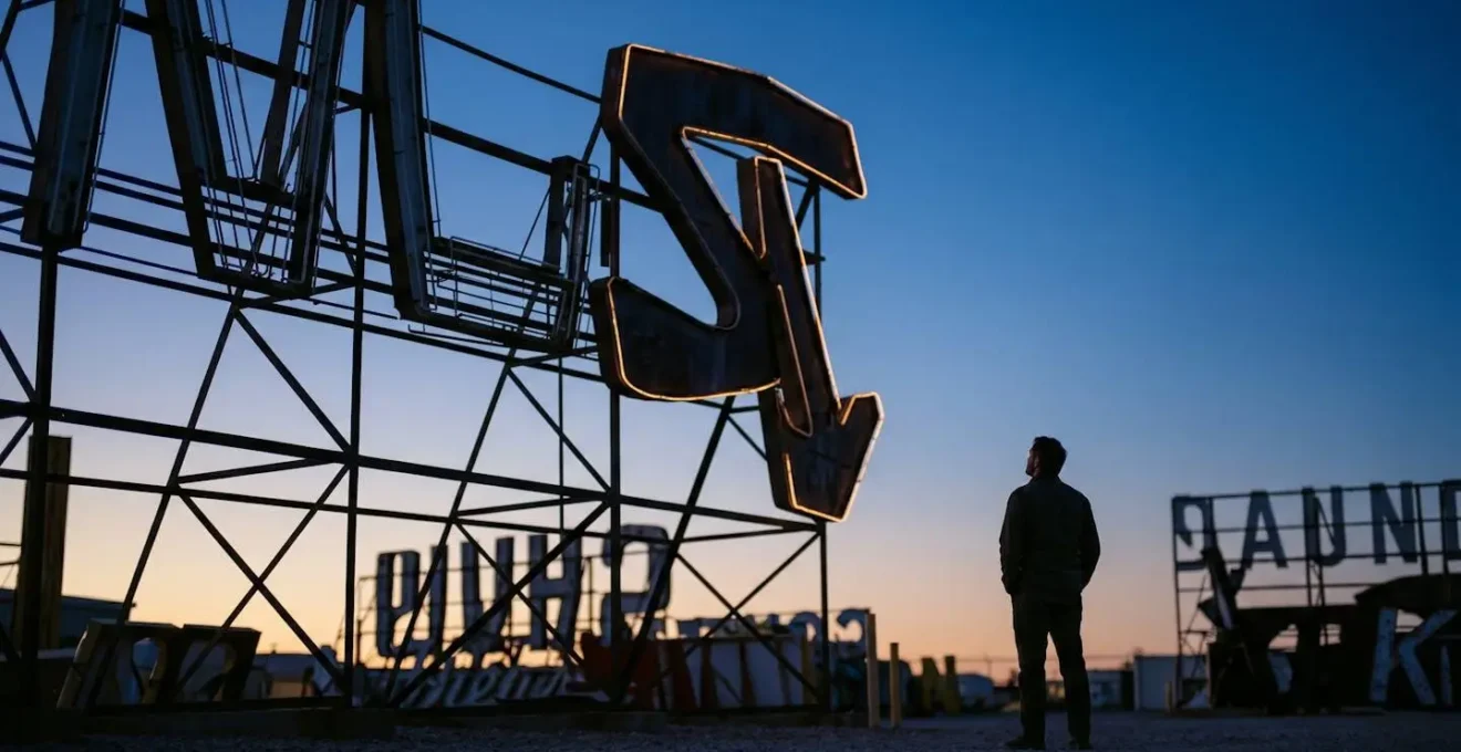 Vintage neon structures silhouetted against deep blue twilight sky with warm golden rim light on metal edges