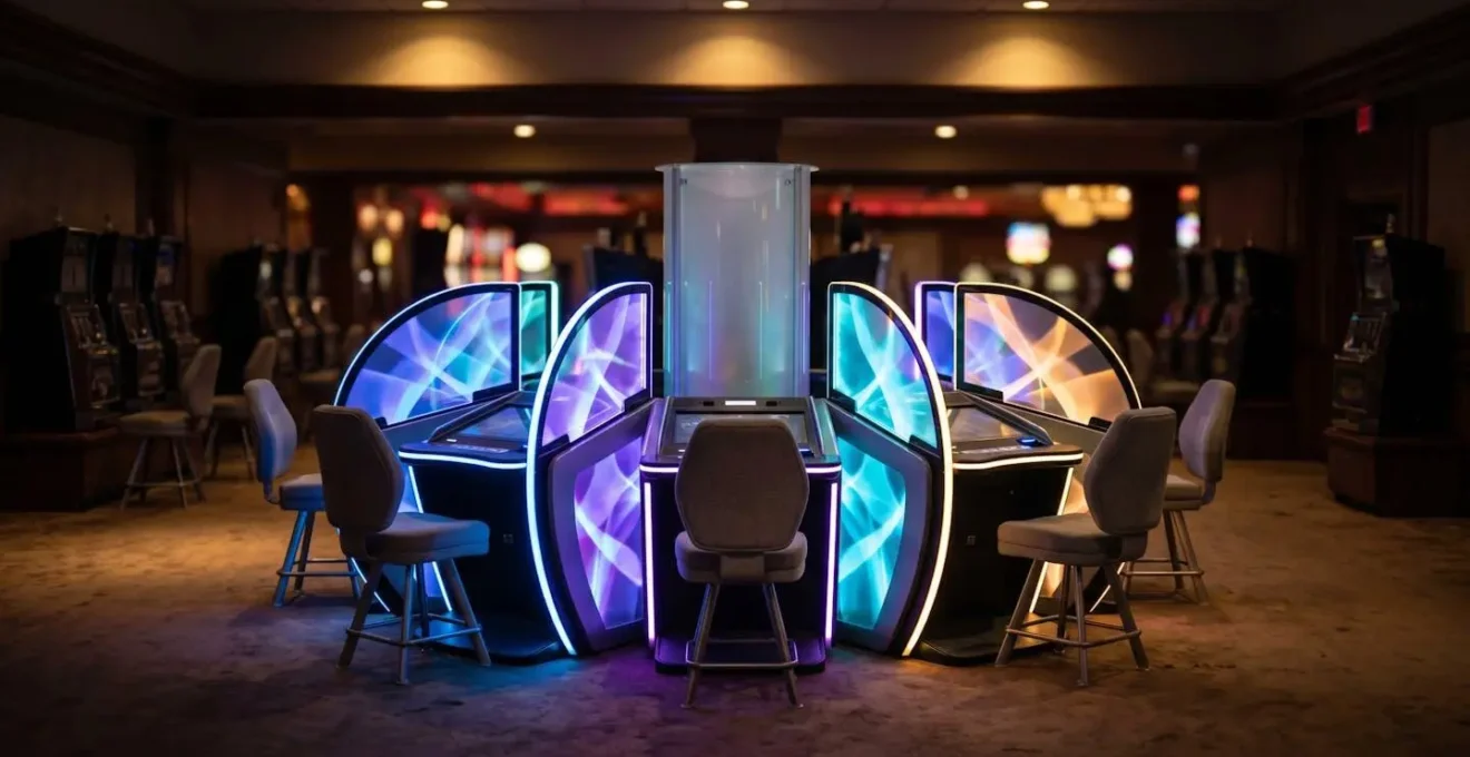 Modern casino skill-based gaming zone with arcade-style cabinets, vibrant lighting, and social seating configuration