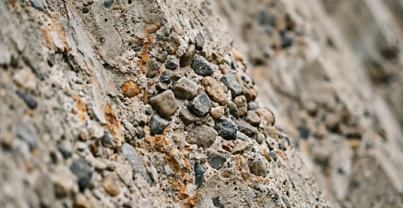 Extreme close-up macro shot of Hoover Dam's aged concrete surface showing tactile textures, mineral deposits, and weathered aggregate