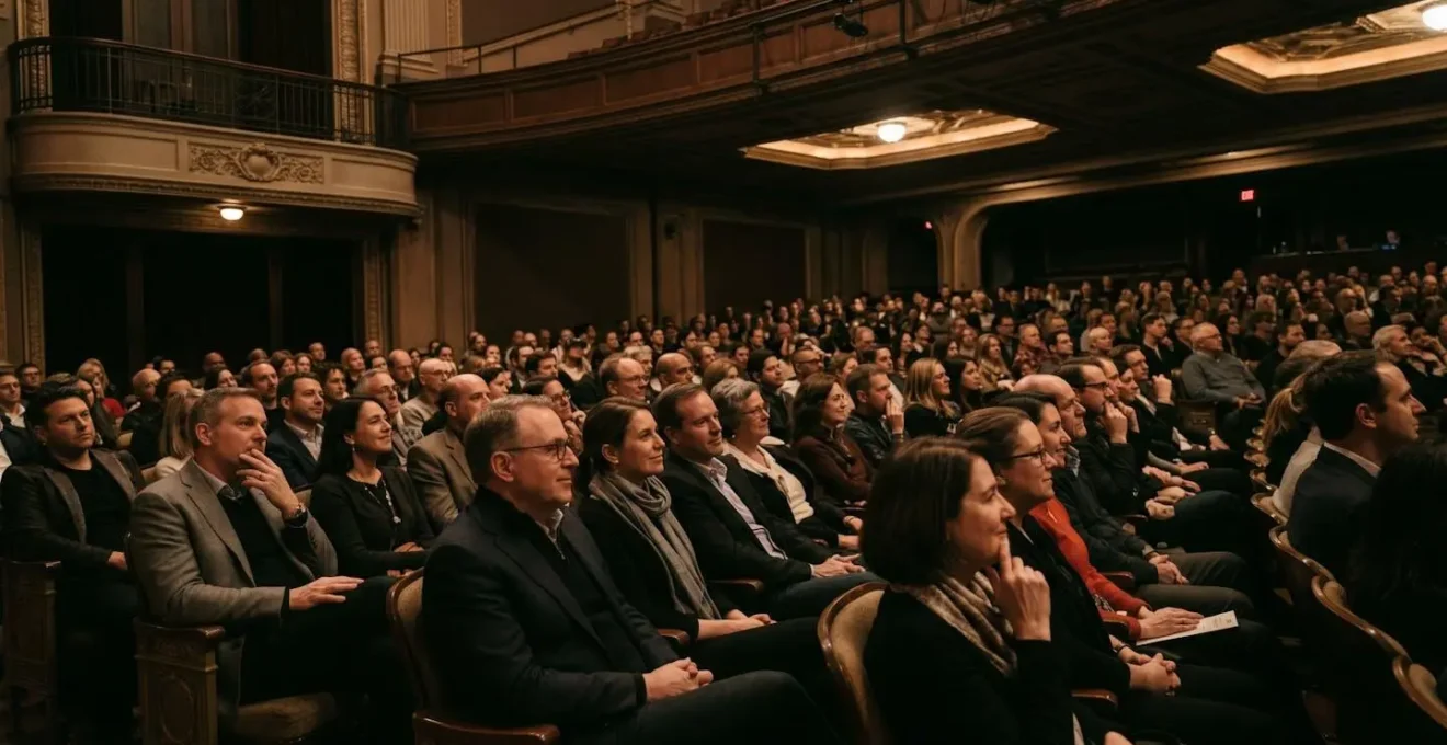 Adult theater audience displaying sophisticated engagement during psychological magic performance