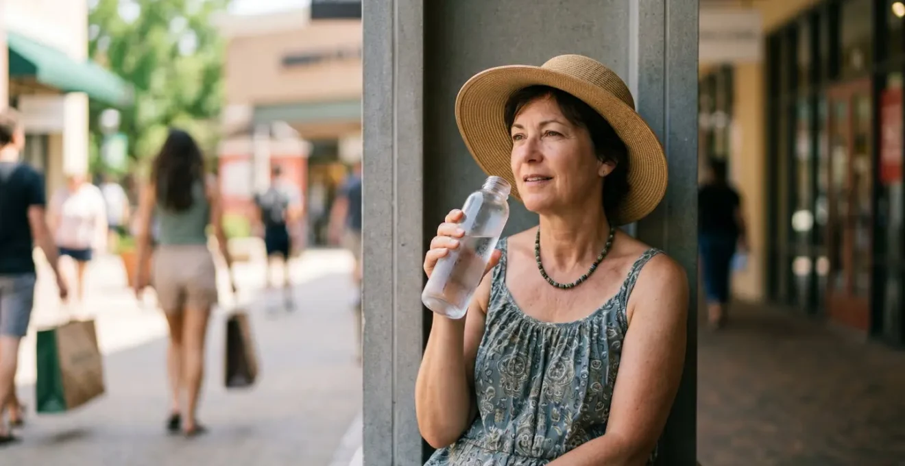 A shopper takes a moment of relief in a shaded alcove of an outdoor mall, holding a water bottle.