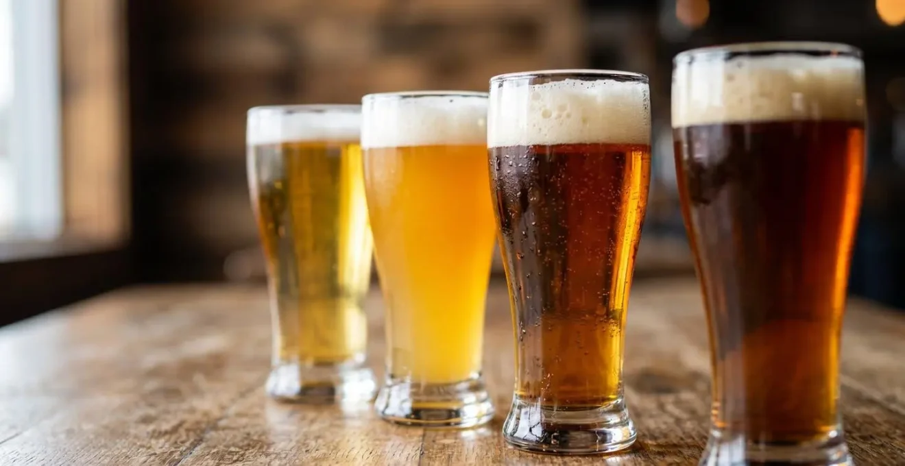 Craft beer tasting flight with varied amber and golden hues on wooden surface in natural brewery lighting