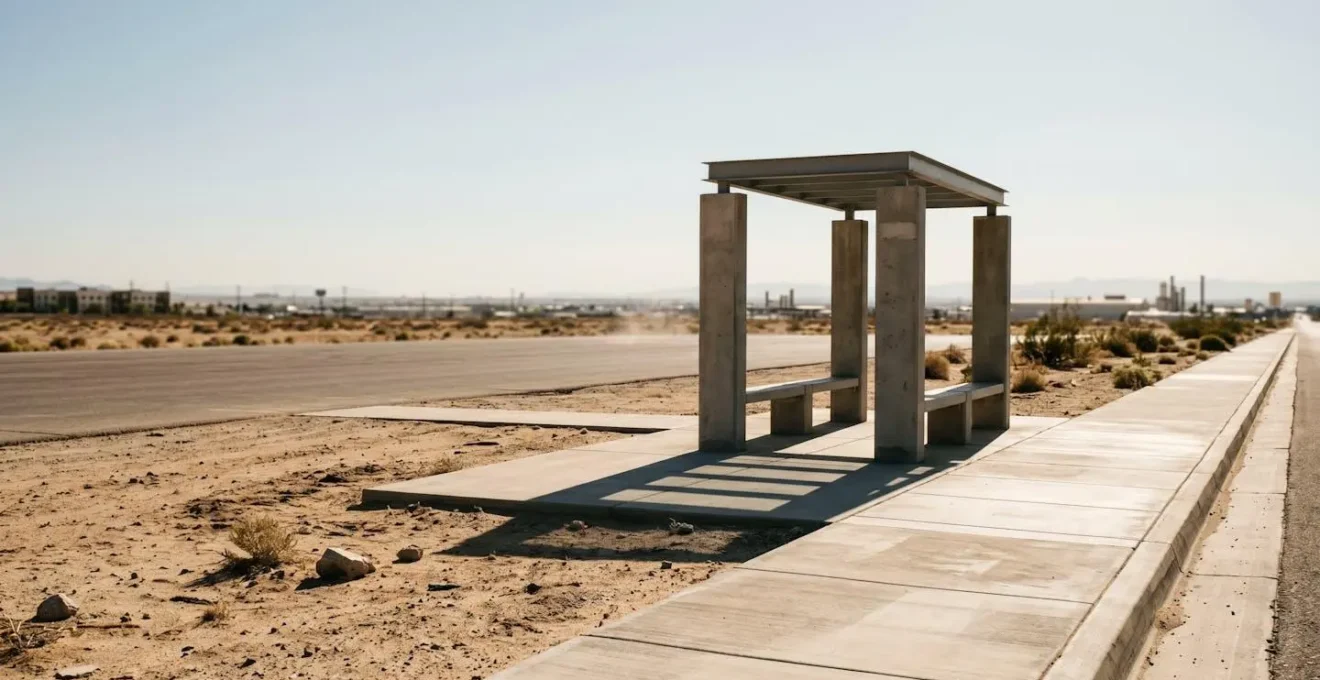 Wide environmental shot of a sun-drenched Las Vegas bus stop, emphasizing the heat and exposure of public transit.