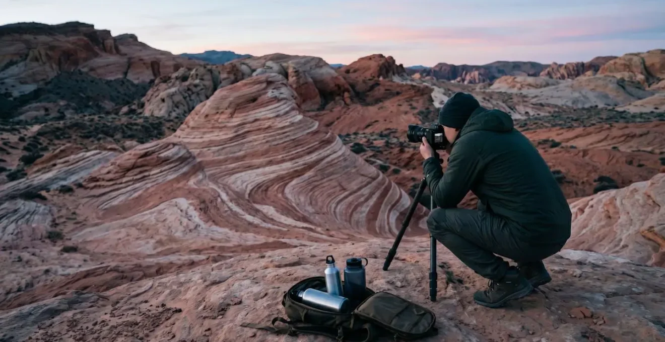 Photographer shooting at dawn with cool morning light and hydration gear in Valley of Fire desert environment