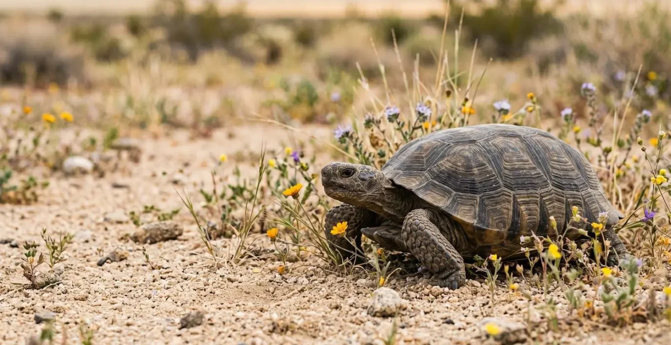 Macro view of protected Mojave desert tortoise in natural sandy habitat with native vegetation showing threatened species