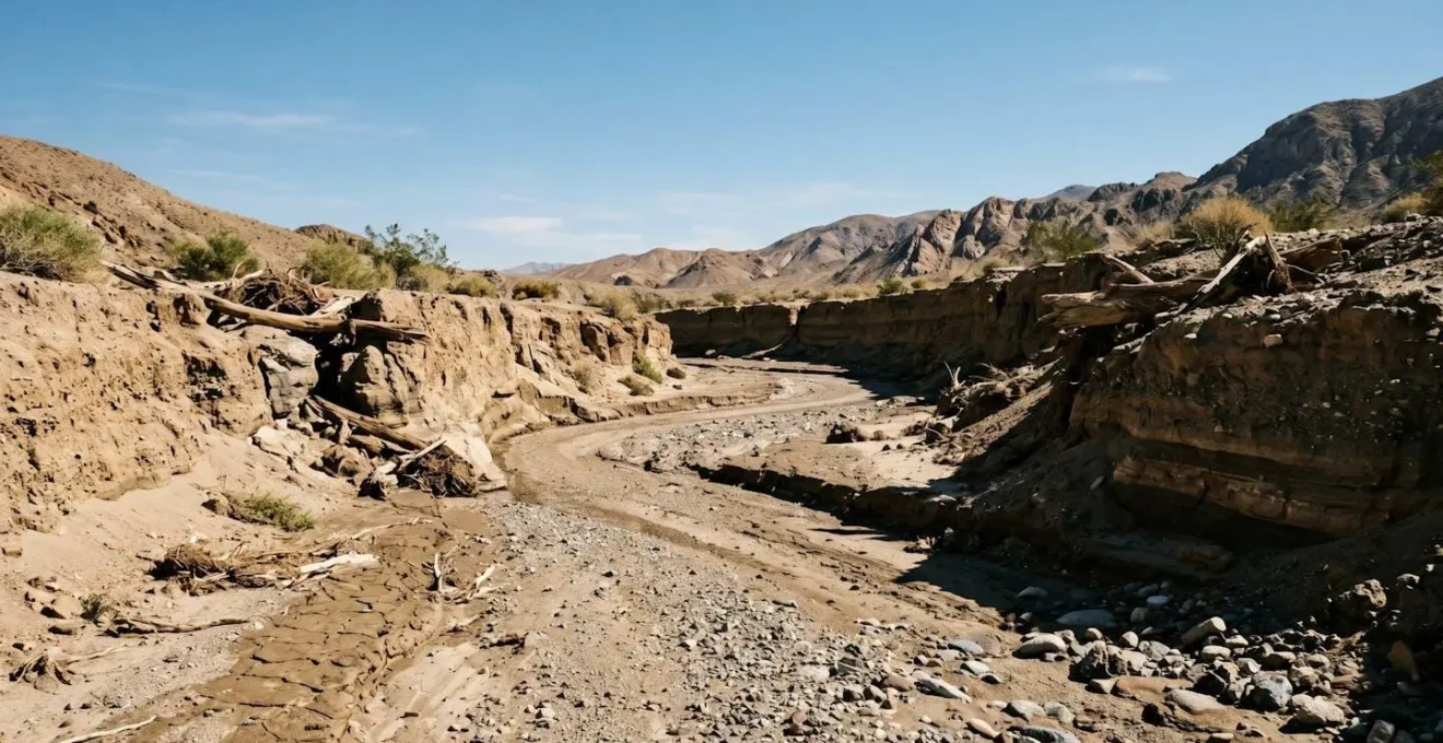Environmental photograph showing desert dry wash with visible high-water debris marks and steep canyon walls