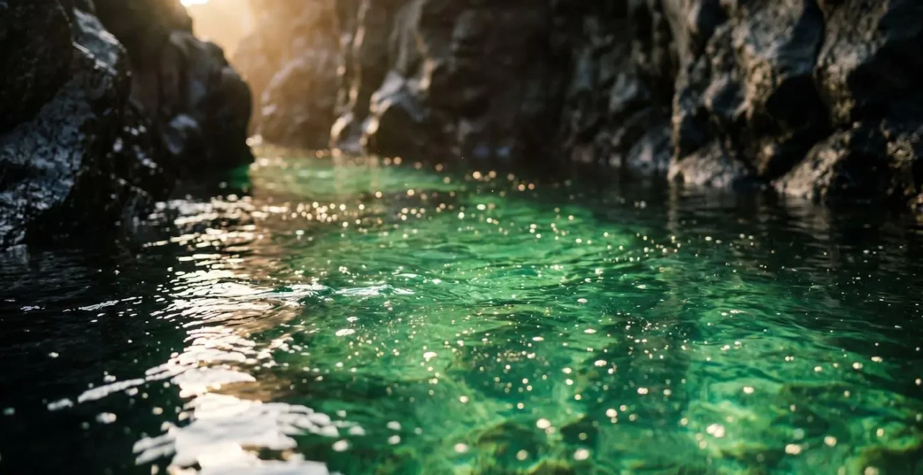 Close-up of emerald green water glowing in a narrow canyon cave with low-angle morning sunlight creating natural light refraction