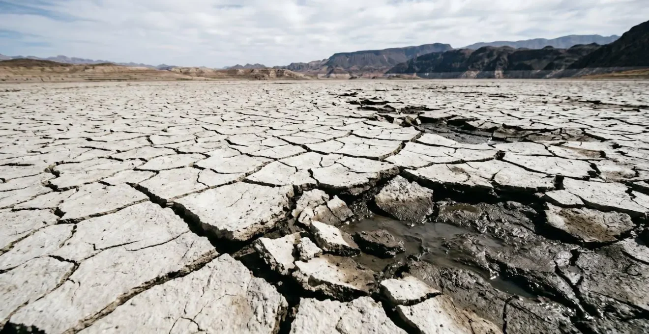 Ground-level view of cracked exposed lakebed with treacherous muddy sediment visible beneath dried crust