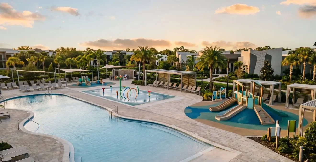 Wide-angle photograph of a vibrant hotel pool area with family-oriented features and safe play spaces