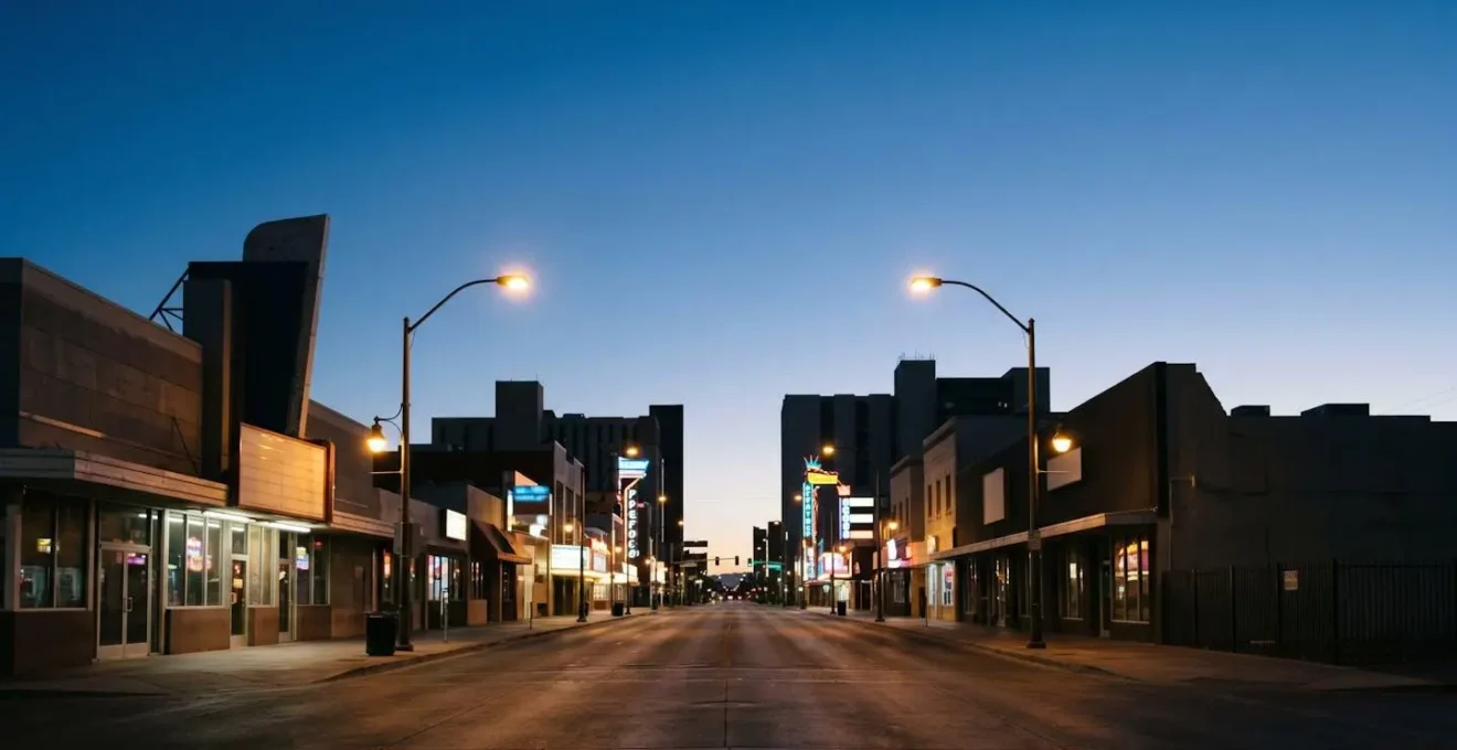 Dusk view of Fremont East District boundary area showing transition from entertainment district to quieter urban blocks