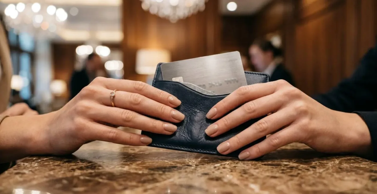 Close-up of hands presenting travel documents at luxury hotel front desk with subtle professionalism