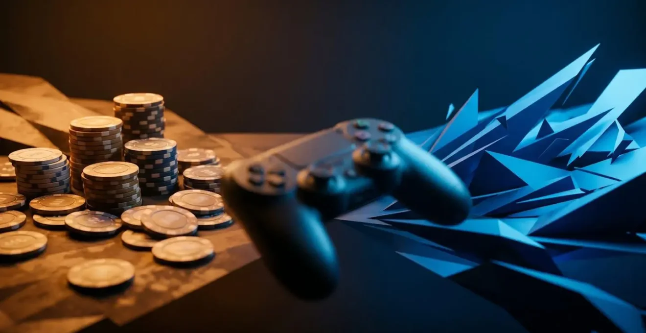 Symbolic representation of gaming bankroll management with abstract gaming elements and currency