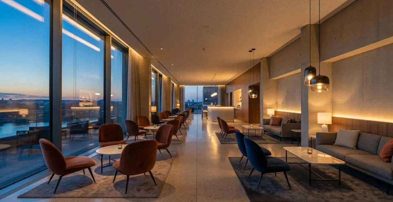 Wide-angle view of upscale lounge during twilight transition with changing ambient lighting