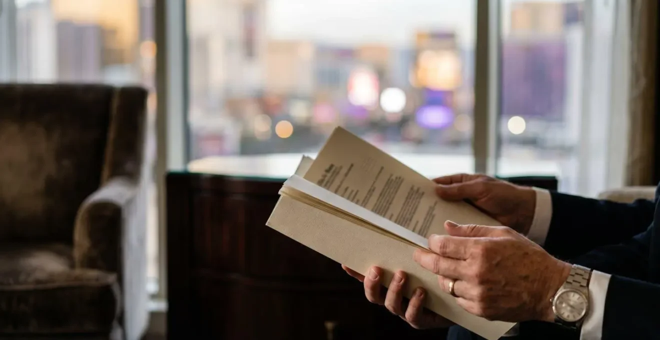 Person's hands holding elegant resort folio with financial details in soft natural light