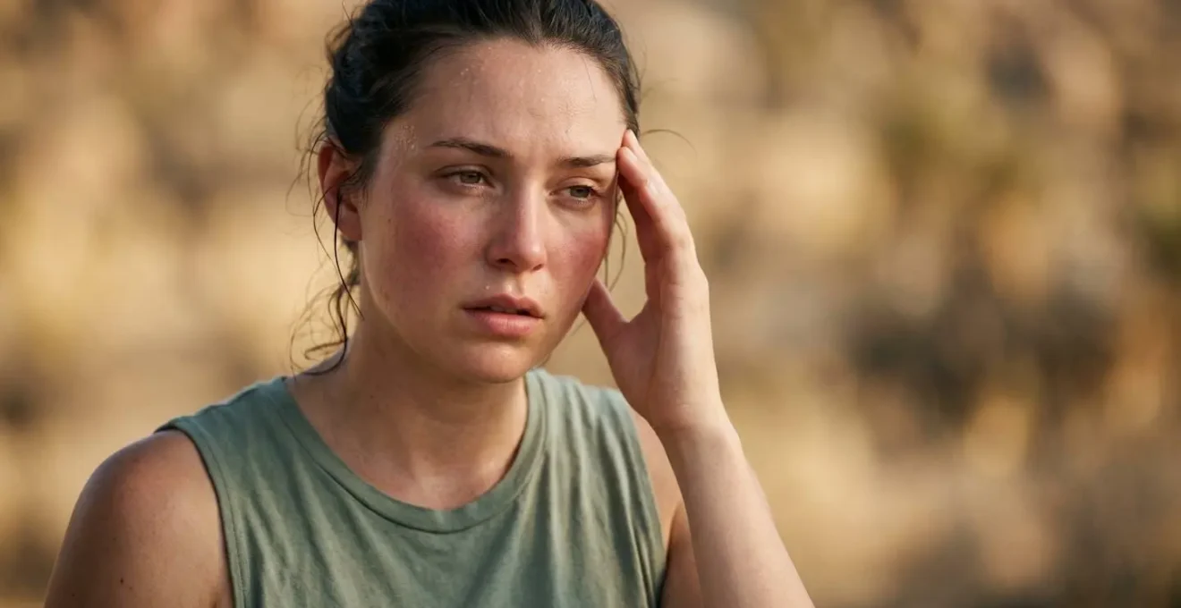 Human portrait capturing subtle signs of heat exhaustion showing early cognitive symptoms in desert tourist