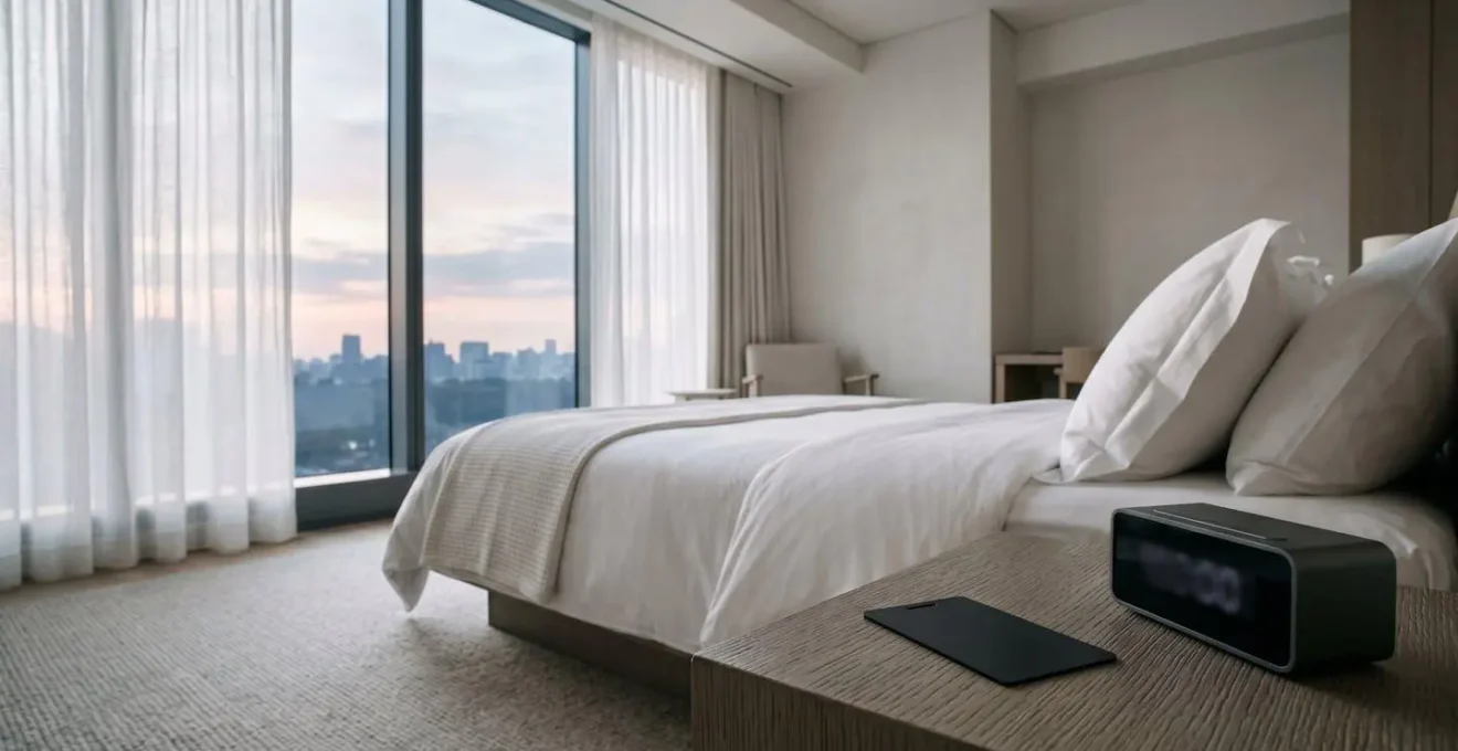 A minimalist hotel room keycard resting on a modern bedside table, illuminated by soft morning light.