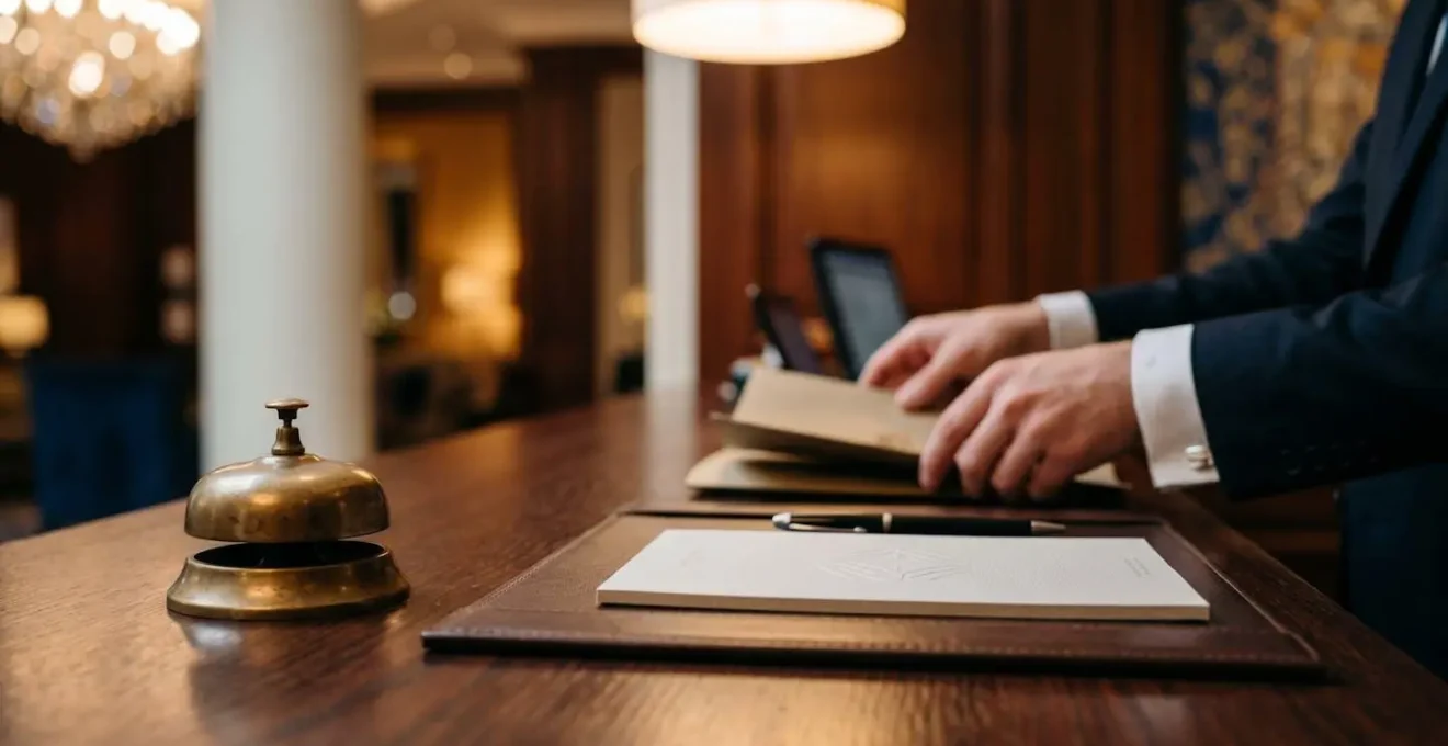 Hotel reception desk surface with guest services bell and elegant notepad in warm ambient lighting
