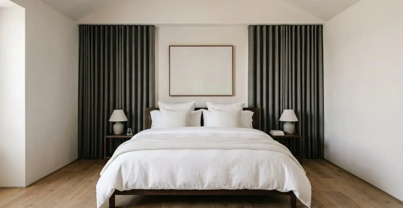 Serene hotel bedroom with blackout features and soundproofing elements