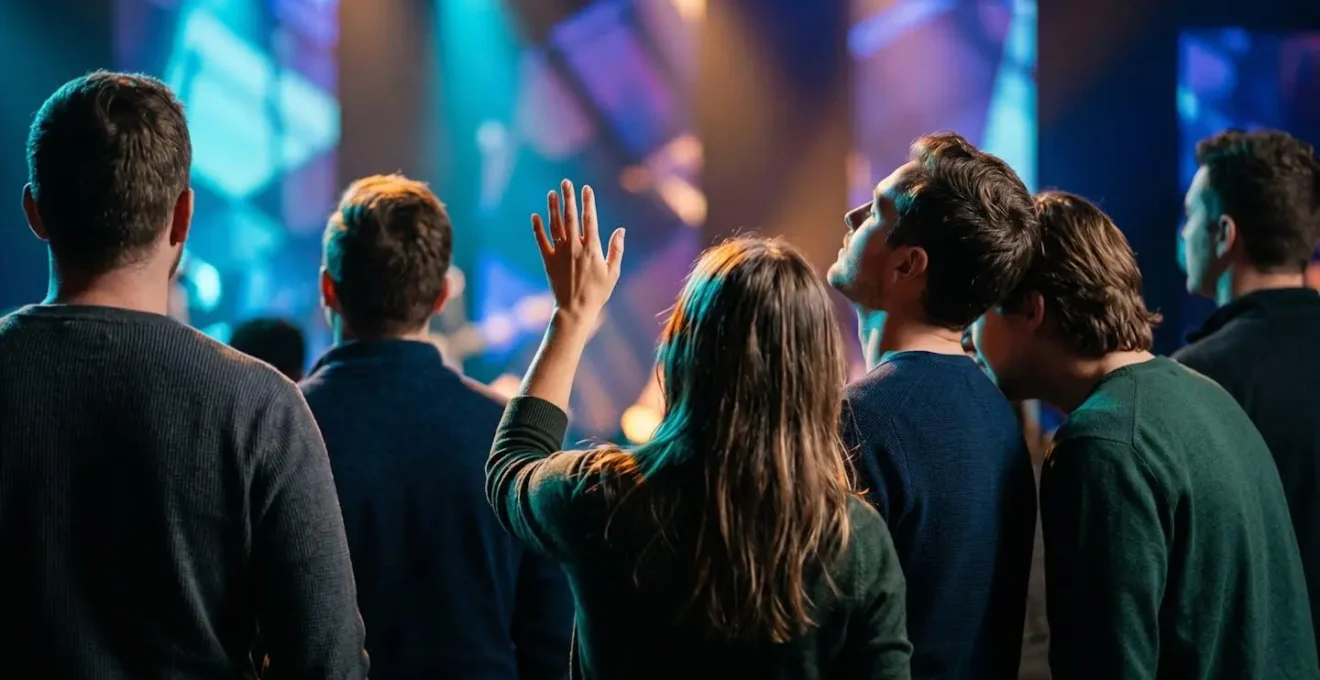 Concert audience members illuminated by dramatic stage lighting creating communal energy