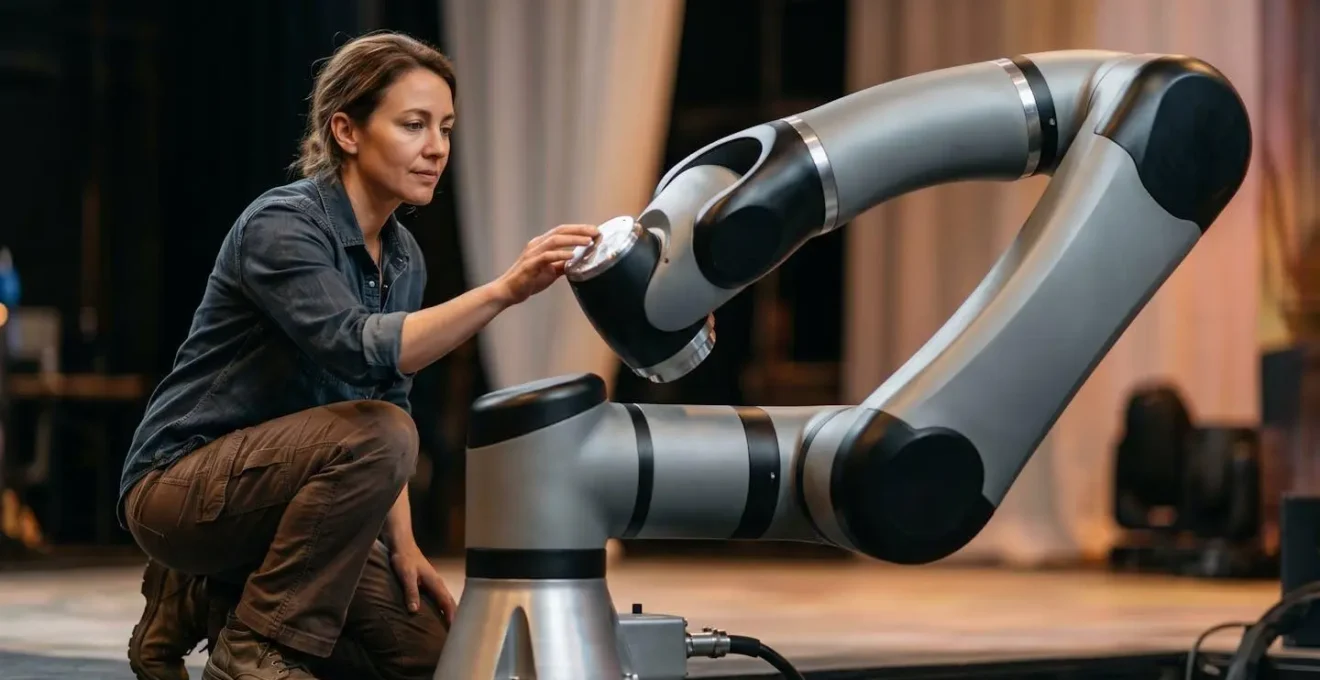 Industrial robotic arm integrated into modern stage design with dynamic lighting