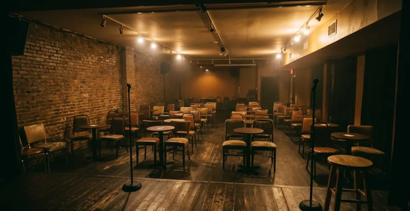 Empty intimate comedy club with scattered chairs facing small stage creating atmosphere of raw unpredictable performance space