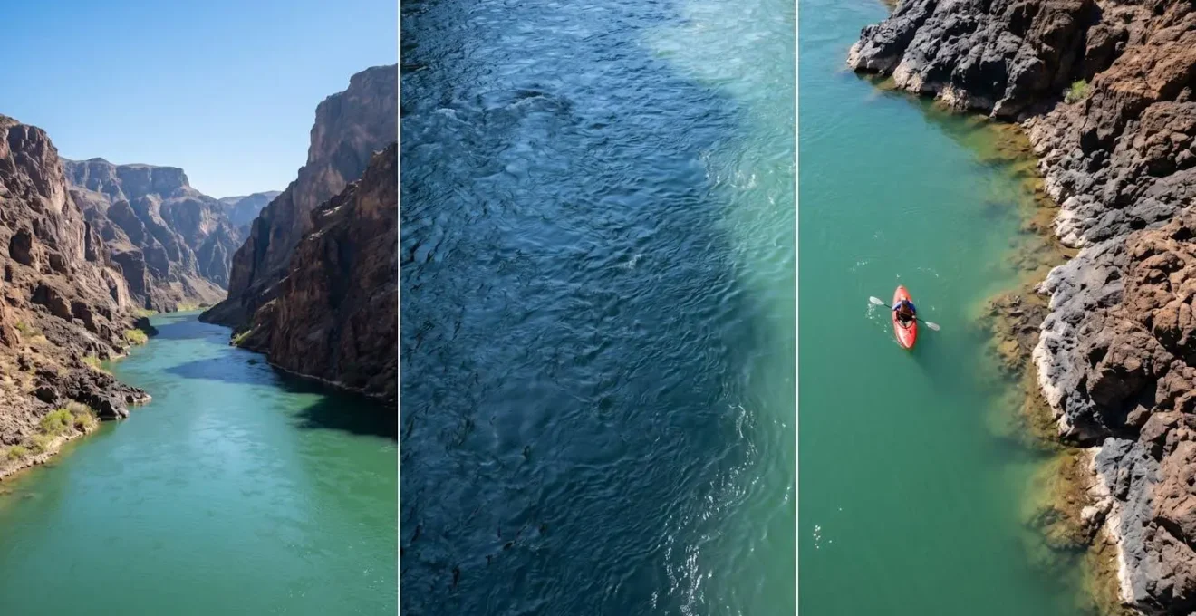 Wide-angle view of a kayaker staying close to the canyon shoreline to avoid the main current in the center of the Colorado River