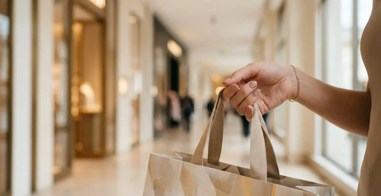Sophisticated luxury retail corridor with premium boutiques and elegant architectural details