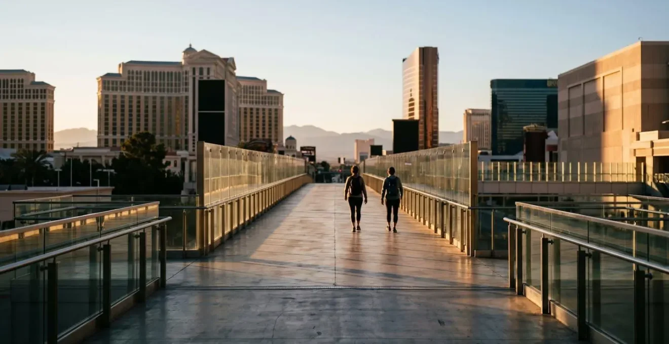 Early morning view of an empty elevated pedestrian walkway on the Las Vegas Strip with soft golden sunlight and minimal crowds