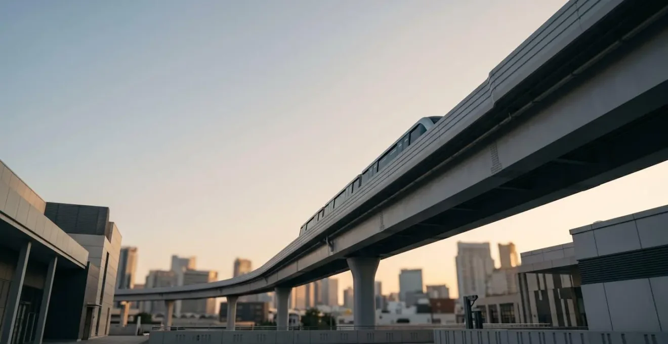 Wide-angle view of modern elevated transit system above urban entertainment district